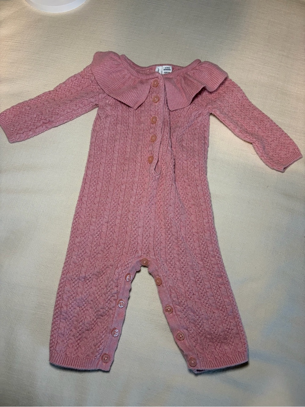 Janie and Jack Pink Cable-Knit Footie Romper with Peter Pan Collar